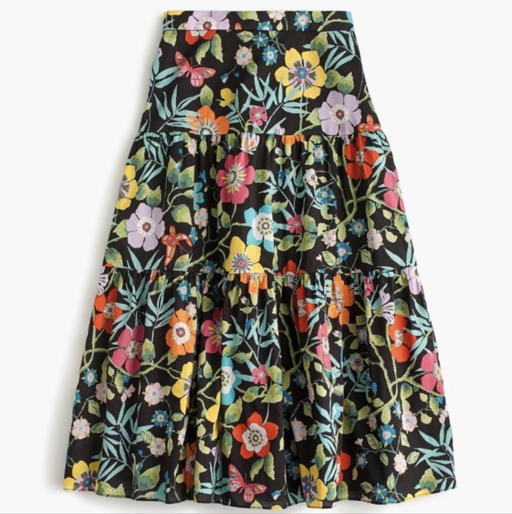 J. Crew Black Floral Midi Skirt with Multicolor Blooms